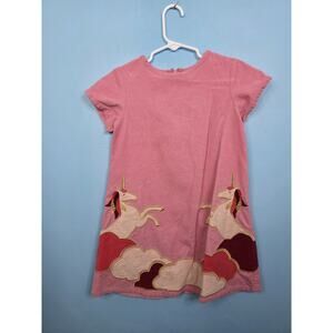 Mini Boden Unicorns Dress Sz 5-6Y Pink Corduroy Lightweight Short Sleeve Zip EUC